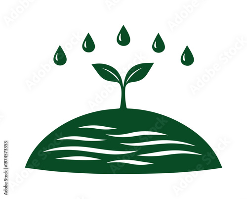 Green seedling growing in fertile soil, with water droplets, a vibrant symbol of growth and environmental care. Eco-friendly plant illustration for sustainability and nature conservation