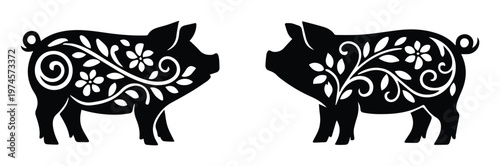 Decorative floral pig silhouette vector set, two elegant black swine illustrations with intricate botanical patterns, perfect for farm, rustic, or culinary designs.