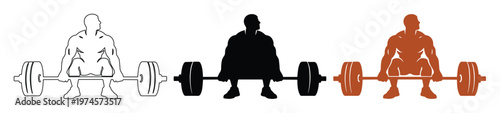 Deadlift exercise vector illustration set, three stylized strongman silhouettes lifting heavy barbells, fitness and gym workout graphic resource