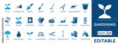 Gardening icon set. Containing plant, trowel, wheelbarrow, seeds, sprout, fertilizer, lawn mower, greenhouse and more. Solid vector icons collection.