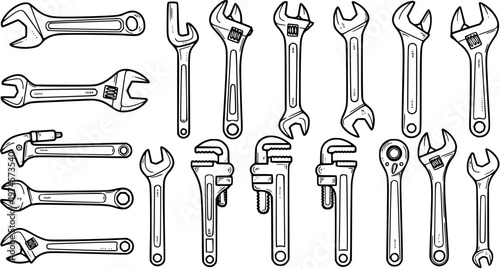 Hand-Drawn Black and White Line Art Set of Wrenches and Spanners, Essential Hand Tools for Construction, Automotive, Industrial, and DIY Repair.