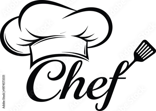 Black and white chef hat icon with script text and kitchen spatula graphic for restaurant logo design, restaurant