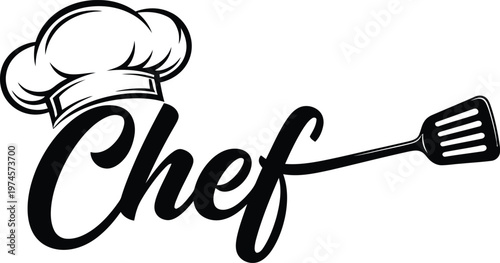 Stylized script chef wordmark logo with cook hat and kitchen spatula for professional catering services, lettering