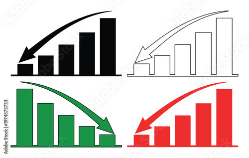 Declining bar chart vector set, downward trend graph, business financial crisis and economic recession illustration, stock market fall and loss concept
