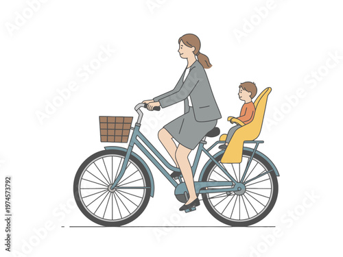 Businesswoman riding bicycle with child in rear seat