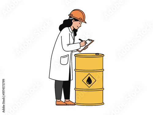 Female engineer writing on clipboard near yellow oil barrel