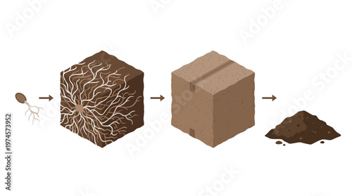 Diagram of a sustainable lifecycle Seed roots in soil, moves to packaging, ends as an earth mound, symbolizing natural growth and eco-friendly renewal