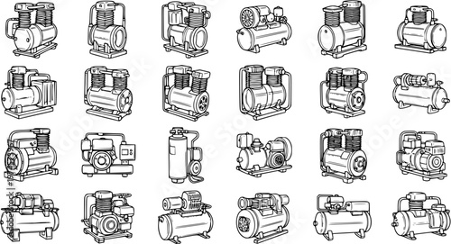 Industrial Air Compressors Black and White Line Art Icons Set. Various types of piston pressure pumps for engineering and workshop applications.