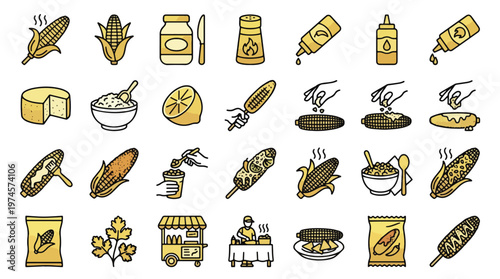 Elote Mexican street food icon set in linear style. A collection of corn icons, including grilled cob, esquites, lime, chili powder, cheese, cilantro, mayo, and street cart