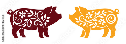 Decorative floral pig vector illustration, two ornate pigs with intricate botanical patterns, elegant animal design for Chinese New Year, farm themes, or festive branding