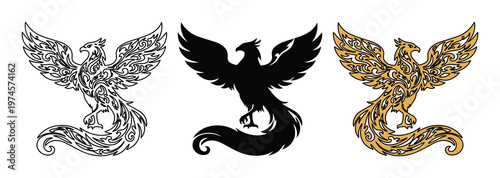 Majestic Phoenix Bird Vector Set, elegant mythical creature illustrations. Intricate ornamental phoenix, solid black silhouette, and golden ornate design for branding and luxury projects.
