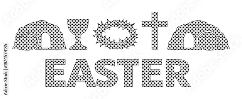 Easter religious symbols vector set, Christian holiday iconography, sacred chalice, crown of thorns, cross, and empty tomb illustrations, spiritual celebration graphic resource