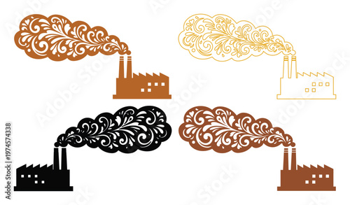 Industrial factory smokestack vector set, elegant ornate smoke plumes, air pollution concept, brown and black industrial emissions, environmental impact graphic resource