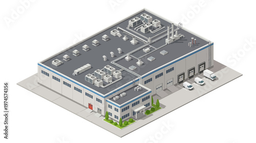 Isometric illustration of a modern industrial warehouse building with loading docks and delivery trucks