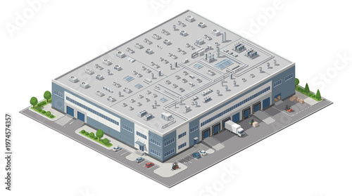 Isometric illustration of a contemporary industrial warehouse building featuring loading docks, a parked delivery truck, and business logistics operations
