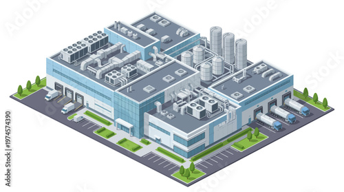 Modern industrial complex with loading docks and delivery trucks, showcasing efficient logistics and manufacturing operations