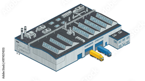 Isometric vector illustration of a modern industrial factory or warehouse building, complete with active loading docks and delivery trucks, representing efficient logistics