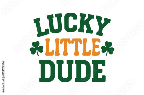 A graphic design displaying the phrase lucky little dude with shamrocks in green and orange