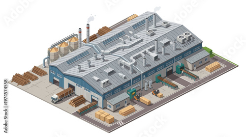 Isometric illustration depicting a modern timber processing factory with advanced machinery, raw logs, and finished wood products, showcasing the complete lumber manufacturing workflow