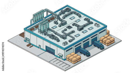 Isometric view of a modern industrial warehouse with loading docks and ventilation systems