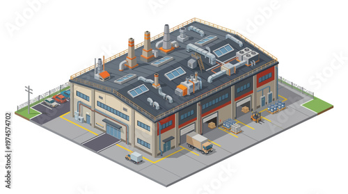 Isometric industrial factory building with loading docks and trucks, representing manufacturing and production