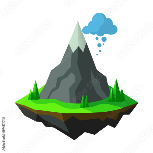 Isolated island with a mountain peak and a raining cloud above it