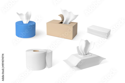 White hygiene tissue roll and in box packages 3D mock up vector set, realistic kitchen towel, wrap napkins, toilet paper