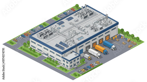 Modern industrial factory building with logistics and production operations, featuring loading docks and delivery trucks, rendered in an isometric illustration