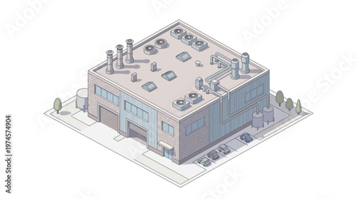 Isometric illustration of a modern industrial factory building with various ventilation systems, parking lot, and urban infrastructure, ideal for architectural concepts or business visualizations