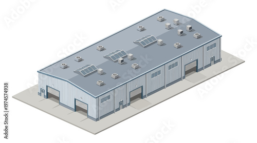 Isometric warehouse building illustration with multiple loading bay doors and rooftop vents, suitable for logistics and industrial concepts