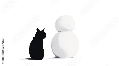 Black cat silhouette sitting next to a white snowman