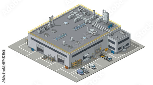 Modern isometric industrial building with advanced production capabilities and integrated logistics, designed for streamlined operations and efficient workflow management