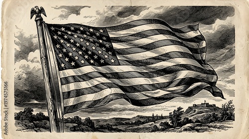 Vintage illustration of american flag waving on a pole outdoors