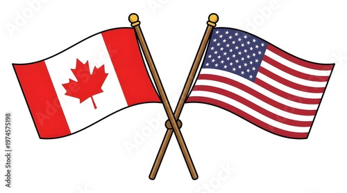 Cartoon flags of canada and united states on crossed poles isolated on white background