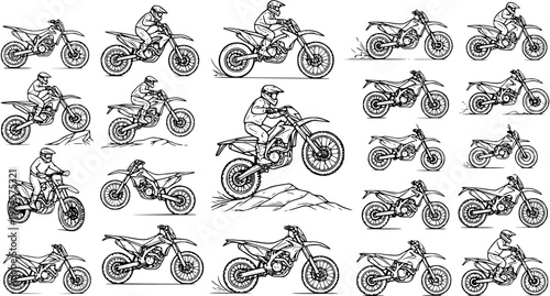 Black  White Line Art Motocross Dirt Bikes and Riders Vector Illustration Set for Off-Road Motorsports and Extreme Sports