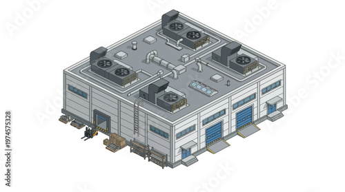 Isometric warehouse building with loading docks and rooftop HVAC units, industrial architecture illustration