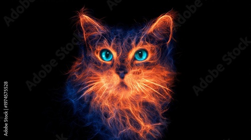Magic fire cat with glowing blue eyes