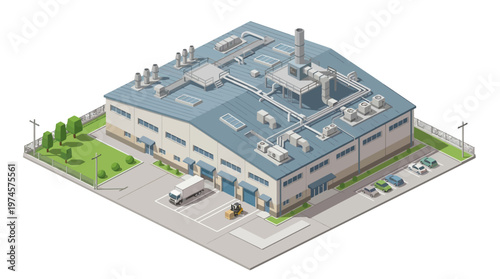 Modern industrial warehouse building with loading docks and surrounding green spaces, showcasing logistics and business operations