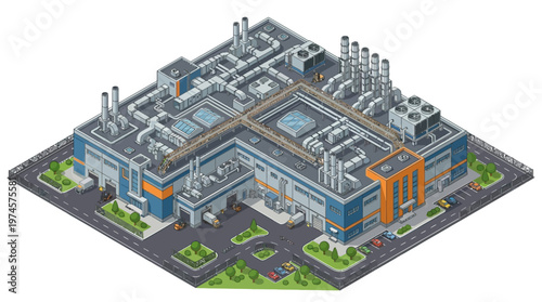 Isometric illustration of a modern industrial complex. A detailed manufacturing facility with advanced infrastructure, representing efficient production and technological progress