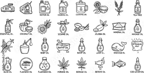 Black and White Line Art Icons of Various Oils and Lubricants, Including Motor Oil, Coconut Oil, and Tea Tree Oil, on White Background