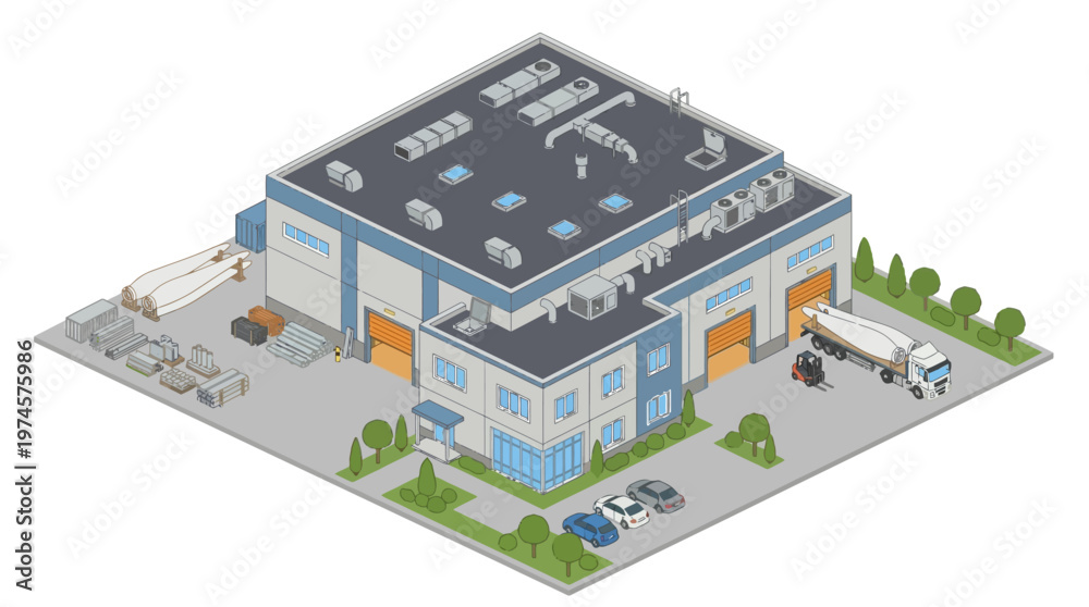 Obraz premium Isometric view of a modern industrial warehouse building with loading docks, trucks, and vehicles, representing logistics and distribution