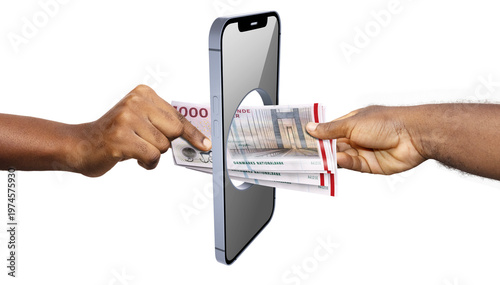 Obraz na plátně A stack of Danish 1000-krone notes passes through a smartphone portal between two hands, symbolizing the fusion of physical cash and mobile banking in Denmark’s highly digital financial landscape