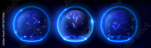 Transparent shield domes with glowing hexagon pattern and energy field effect, realistic vector on dark background. 3D neon blue glass sphere barrier with abstract digital mesh technology