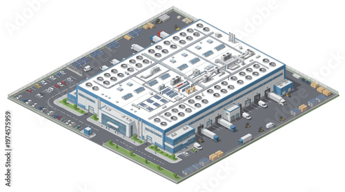 Modern isometric industrial warehouse illustration with trucks at loading docks, depicting a bustling logistics distribution center and efficient supply chain operations for storage and delivery