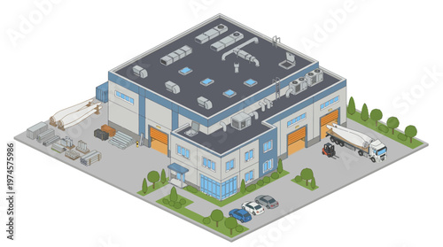 Isometric view of a modern industrial warehouse building with loading docks, trucks, and vehicles, representing logistics and distribution