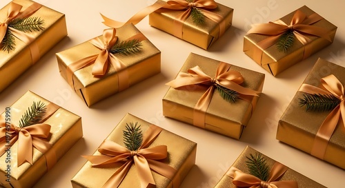 Wrapped Gifts with Ribbons and Greenery Decoration.
