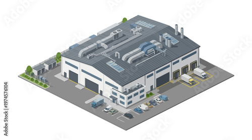 Isometric industrial building with loading docks and trucks, representing logistics and manufacturing operations