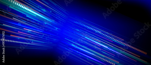 Speed data flow with neon blue lines and glowing particles, abstract vector background. Network dot pattern, digital tech presentations, futuristic cyber concept, information transfer