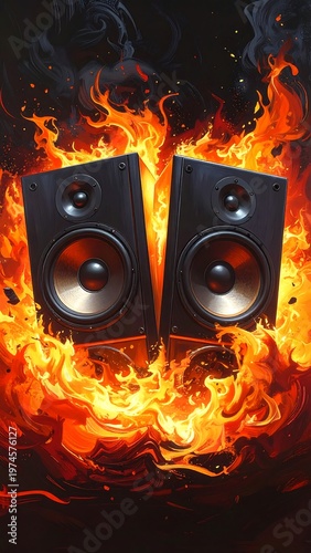 A pair of speakers surrounded by flames