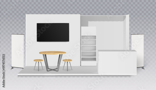 White exhibition booth mockup isolated on transparent background. Vector realistic illustration of TVs on wall, blank banners, counter, table and chairs, trade show space for branding, presentation